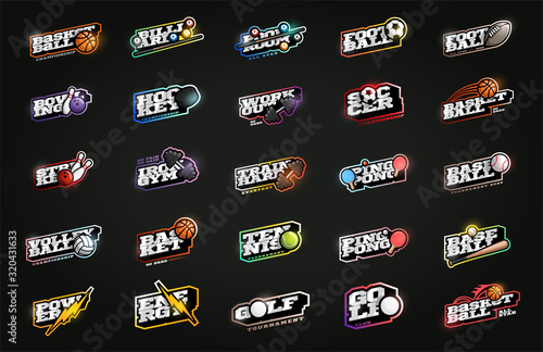 Mega sport logotype set. Modern professional sport Typography in retro style. Vector design emblem, badge and sporty template logo design. Soccer, football, power, basketball, hockey, gym, cricket