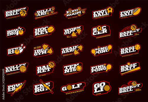 Mega sport logotype set. Modern professional sport Typography in retro style. Vector design emblem, badge and sporty template logo design. Soccer, football, power, basketball, hockey, gym, cricket