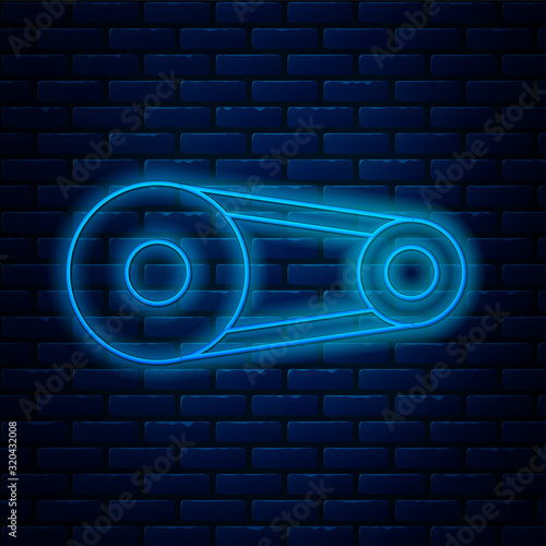 Glowing neon line Timing belt kit icon isolated on brick wall background. Vector Illustration