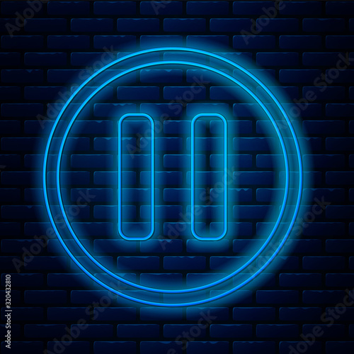 Glowing neon line Pause button icon isolated on brick wall background. Vector Illustration