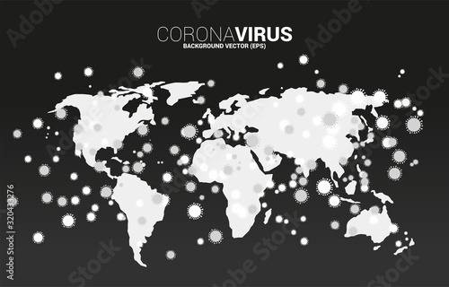World Globe in wuhan virus shape and particle of Corana virus background. Concept for flu sickness and illness.