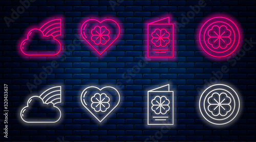 Set line Heart with four leaf clover, Saint Patricks Day flyer, brochure, postcard, Rainbow with cloud and Gold coin with four leaf clover. Glowing neon icon on brick wall. Vector