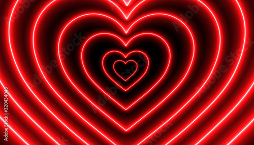 Red neon heart shape 3D Rendering  in Perspective Tunnel