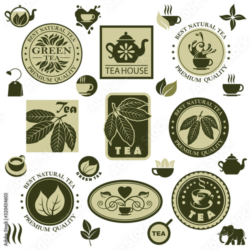collection of tea labels with leaves and cup isolated on white background