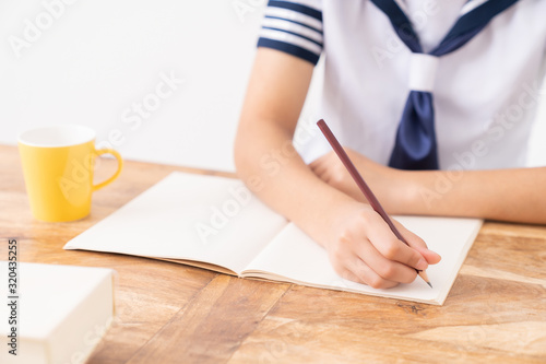 勉強する女の子 制服 イメージ 手元