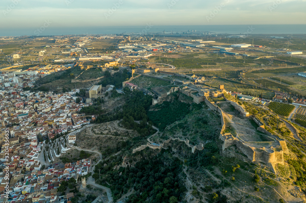 Aerial sunset panorama view of Sagunto (Sagunt) fortress near Valencia Spain