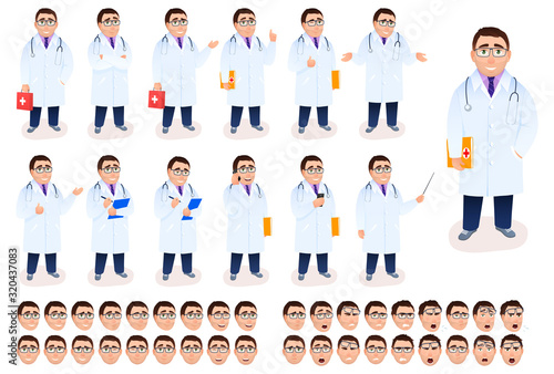 Flat male doctor character design set on white background. Medical staff in lab coat with stethoscope, first aid kit, emotion facial expressions. Healthcare medical concept cartoon vector illustration