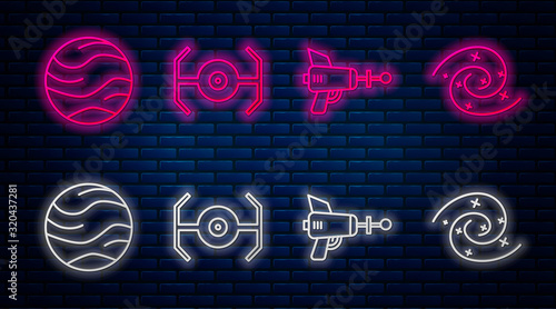 Set line Cosmic ship, Ray gun, Planet and Black hole. Glowing neon icon on brick wall. Vector