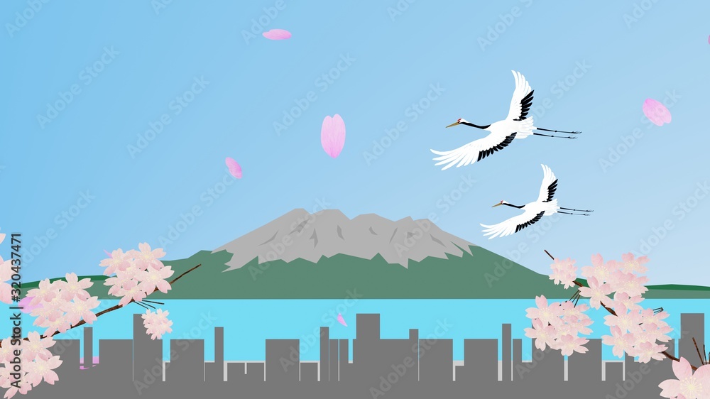 枝付き桜と桜島の絶景 Stock イラスト Adobe Stock