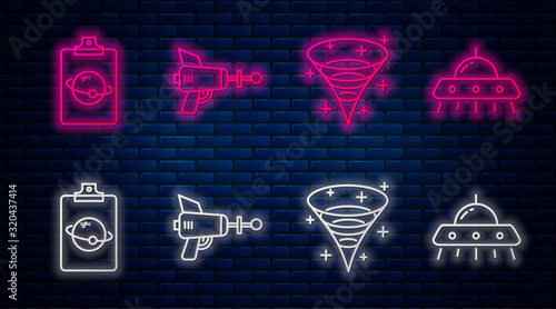 Set line Ray gun, Black hole, Planet and UFO flying spaceship. Glowing neon icon on brick wall. Vector