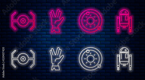 Set line Vulcan salute, Solar system, Cosmic ship and Robot. Glowing neon icon on brick wall. Vector