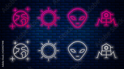 Set line Sun, Alien, Earth globe and Mars rover. Glowing neon icon on brick wall. Vector