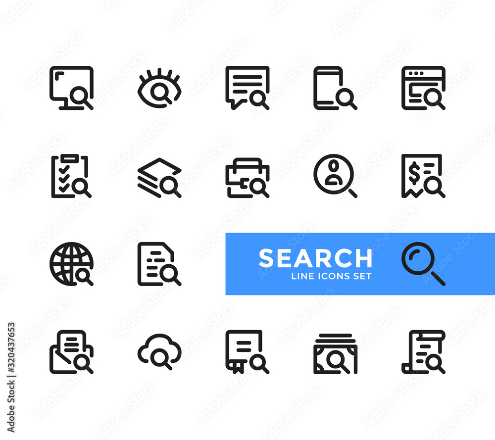 Search line icons set. Pixel Perfect. Modern outline symbols collection, minimal style simple linear graphic design elements. Vector line icons Search line icons set. Pixel Perfect. Modern outline symbols collection, minimal style simple linear graphic design elements. Vector line icons