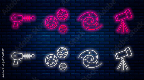 Set line Planet, Black hole, Ray gun and Telescope. Glowing neon icon on brick wall. Vector