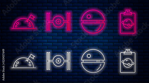 Set line Cosmic ship, Death star, Planet with flag and Planet. Glowing neon icon on brick wall. Vector