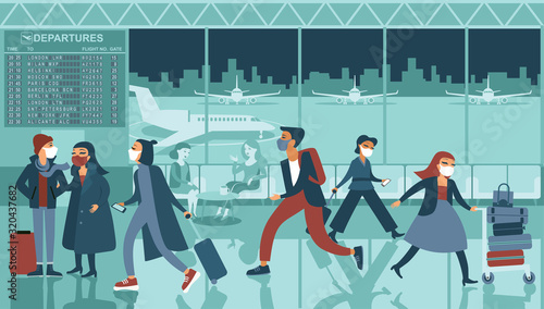 Crowd of people wearing protective medical masks in the airport COVID-19 disease outbreak concept