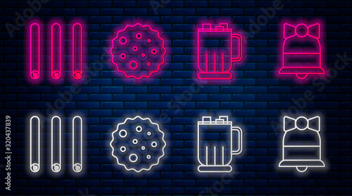 Set line Cookie or biscuit with chocolate, Hot chocolate cup with marshmallows, Three rolled sticks of cinnamon and Merry Christmas ringing bell. Glowing neon icon on brick wall. Vector