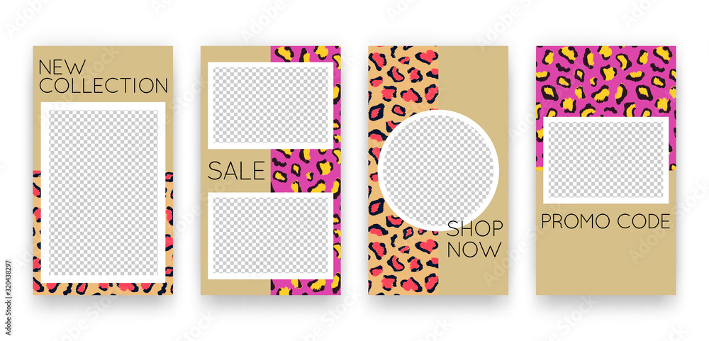 Vector trendy editable set of templates for social media networks stories. Modern design backgrounds with animal pattern for flyers, cards, posters