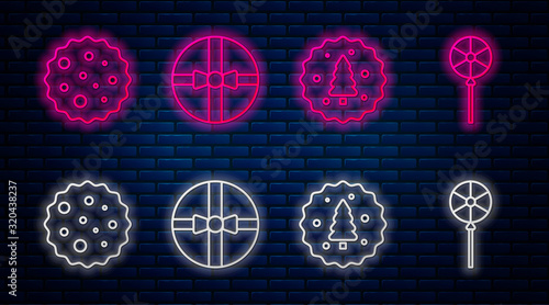 Set line Gift box, Cookie or biscuit with chocolate, Cookie or biscuit with chocolate and Lollipop. Glowing neon icon on brick wall. Vector