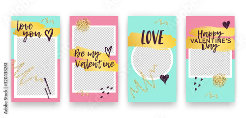Vector set with trendy editable templates for social networks stories. Valentine's Day modern banners with hearts and phrases