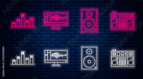 Set line Sound or audio recorder on monitor, Stereo speaker, Music equalizer and DJ remote for playing and mixing music. Glowing neon icon on brick wall. Vector