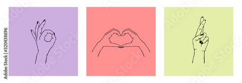Vector set of female hands in different gestures: heart made with fingers, ok gesture, crossed fingers. Trendy cards design templates for logos or emblems