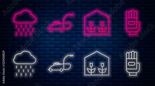 Set line Lawn mower, Home greenhouse and plants, Cloud with rain and Garden gloves. Glowing neon icon on brick wall. Vector