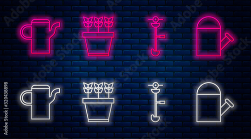Set line Plants in pot, Grass and weed electric string trimmer, Watering can and Watering can. Glowing neon icon on brick wall. Vector