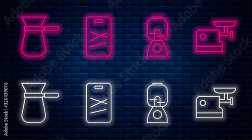 Set line Cutting board, Blender, Coffee turk and Kitchen meat grinder. Glowing neon icon on brick wall. Vector