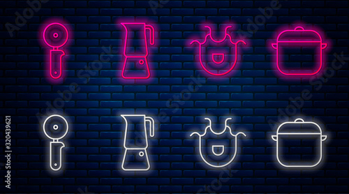 Set line Moka pot, Kitchen apron, Pizza knife and Cooking pot. Glowing neon icon on brick wall. Vector