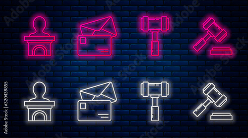 Set line Envelope, Judge gavel, Stage stand or debate podium rostrum and Judge gavel. Glowing neon icon on brick wall. Vector