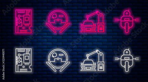 Set line Robot vacuum cleaner, Industrial machine robotic robot arm hand, Electronic computer components motherboard digital chip and Robot. Glowing neon icon on brick wall. Vector