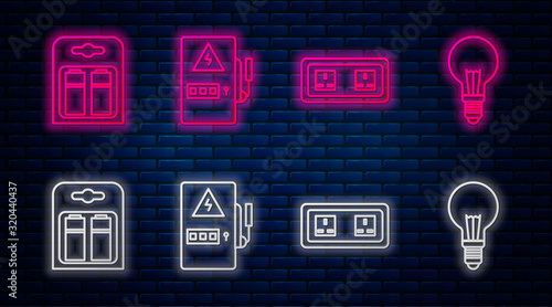 Set line Electrical panel, Electrical outlet, Battery in pack and Light bulb with concept of idea. Glowing neon icon on brick wall. Vector