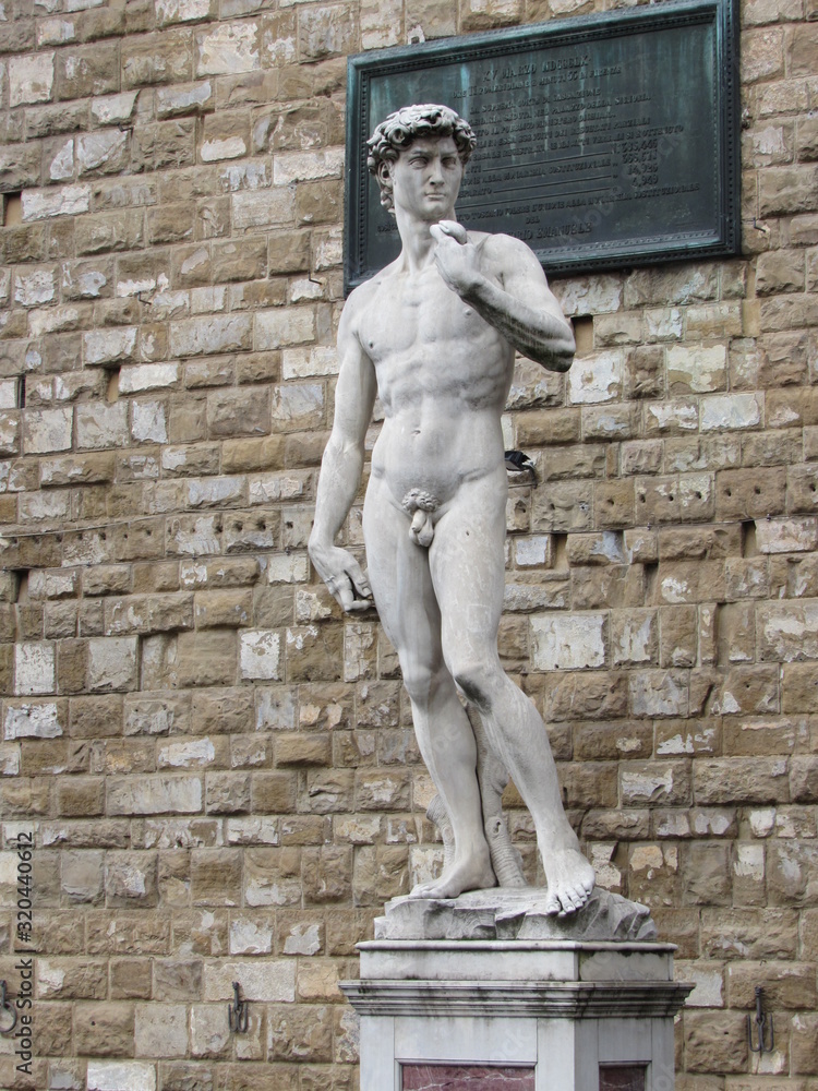 Naklejka premium View of the replica of Michelangelo's David statue located in the Piazza della Signoria in Florence, Italy
