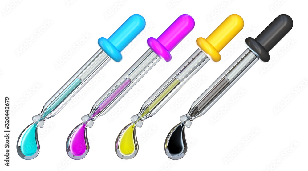 Fototapeta premium CMYK droppers with ink color drops 3D