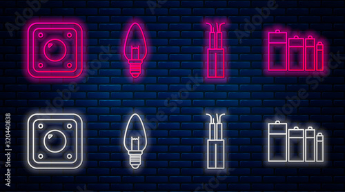 Set line Light bulb, Electric cable, Electric light switch and Battery. Glowing neon icon on brick wall. Vector