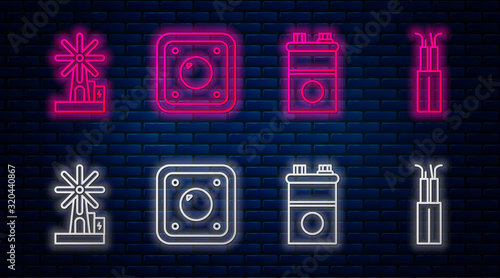 Set line Electric light switch, Car battery, Wind turbine and Electric cable. Glowing neon icon on brick wall. Vector