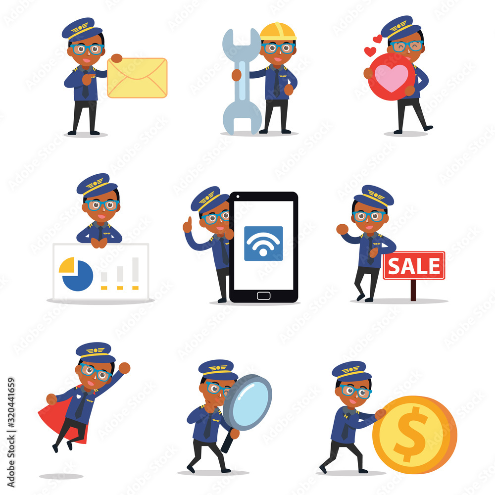 Set of character man give a coaching in a pilot training. Set of character man give a coaching in a pilot training.