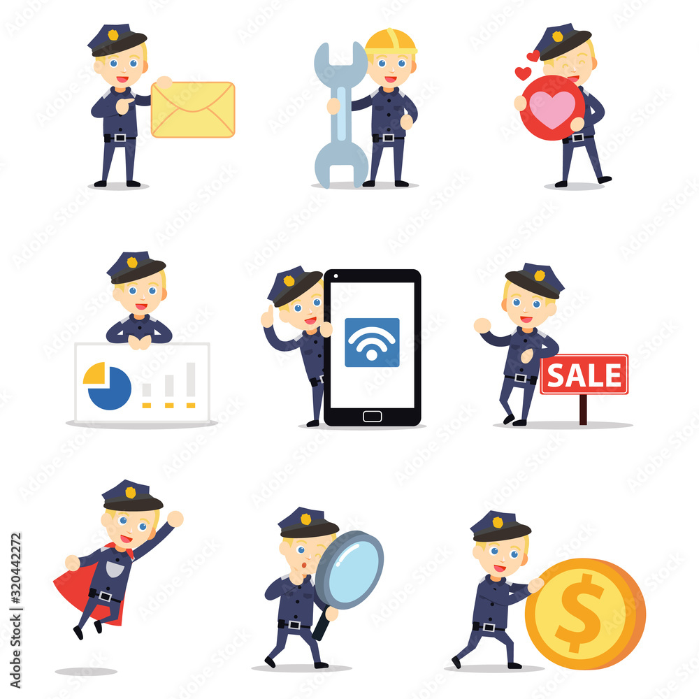 Set of character man police officer arresting a criminal suspect. Set of character man police officer arresting a criminal suspect.