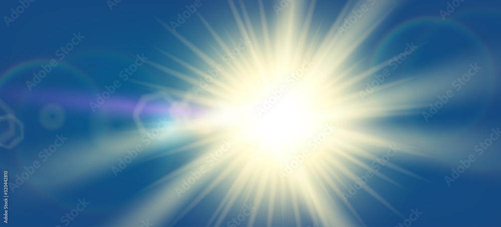 Lins flare, Realistic Flashes of The Sun in the blue sky. Lins flare, Realistic Flashes of The Sun in the blue sky.