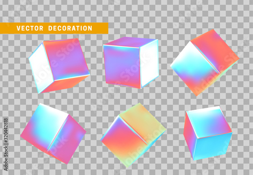 Set of Cube is three-dimensional geometric shape isolated with colorful hologram chameleon color gradient. 3d objects block. vector illustration.