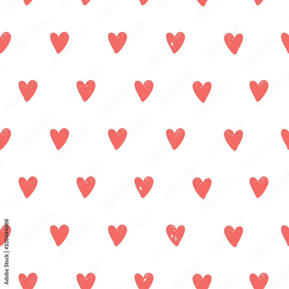 Coral pink hearts seamless pattern. Vector doodle illustration