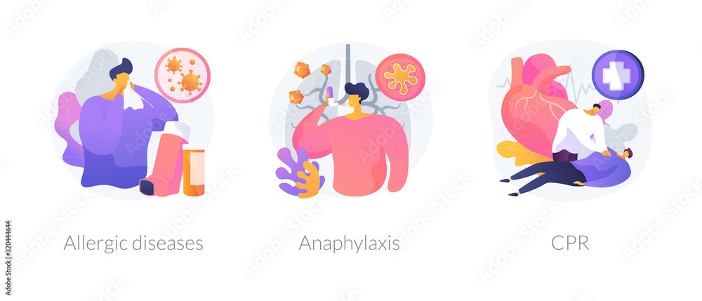 Allergic reactions first aid abstract concept vector illustration set. Allergic diseases, anaphylaxis, CPR emergency help. Skin and blood testing, diagnosis complications medication abstract metaphor.