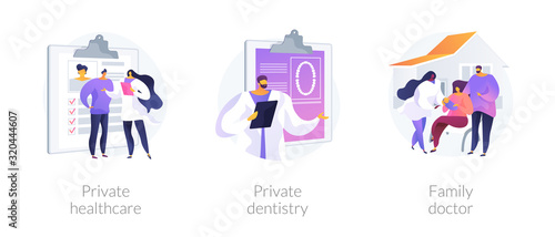 Private medical services abstract concept vector illustration set. Private healthcare, dentistry, family doctor practitioner. Non-governmental general medical treatment, primary care abstract metaphor © Visual Generation