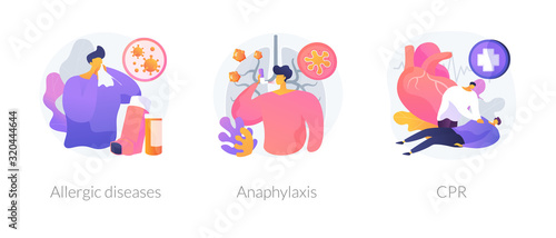 Allergic reactions first aid abstract concept vector illustration set. Allergic diseases, anaphylaxis, CPR emergency help. Skin and blood testing, diagnosis complications medication abstract metaphor.
