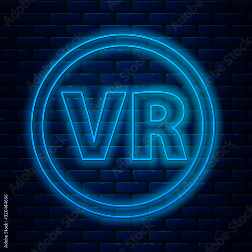 Glowing neon line Virtual reality glasses icon isolated on brick wall background. Stereoscopic 3d vr mask. Vector Illustration