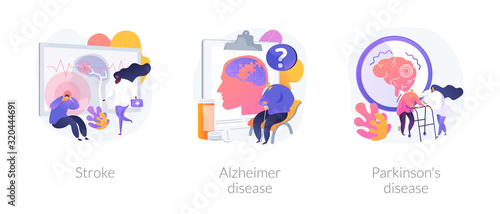 Neurological disorders abstract concept vector illustration set. Stroke, Alzheimer disease, Parkinsons disease. Nervous system and brain issue, symptoms and immune response, trauma abstract metaphor. © Visual Generation