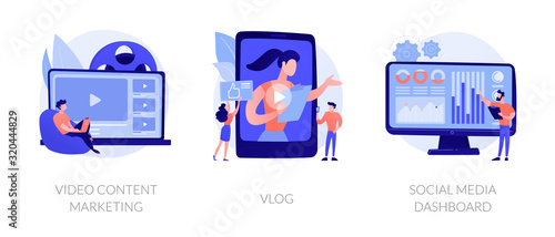 Digital advertising business, online streaming, user statistics analysis icons set. Video content marketing, vlog, social media dashboard metaphors. Vector isolated concept metaphor illustrations