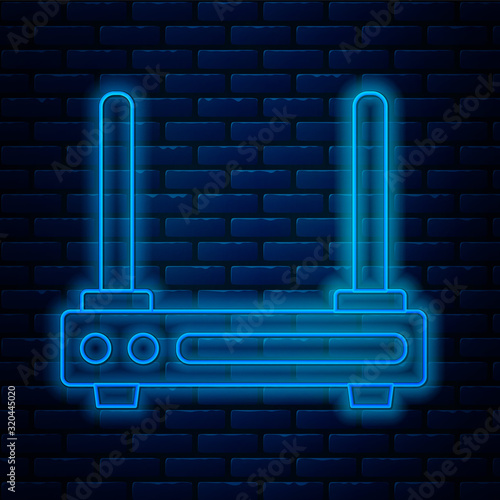 Glowing neon line Router and wi-fi signal symbol icon isolated on brick wall background. Wireless ethernet modem router. Computer technology internet. Vector Illustration
