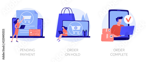 Electronic payment system, internet shopping, commercial business icons set. Pending payment, order on hold, order complete metaphors. Vector isolated concept metaphor illustrations